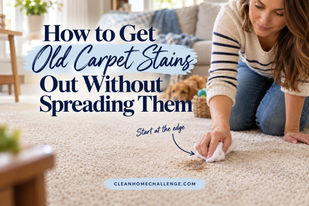A woman in a striped sweater presses a white cloth at the edge of a brown carpet spot in a family living room. The headline reads How to Get Old Carpet Stains Out Without Spreading Them.