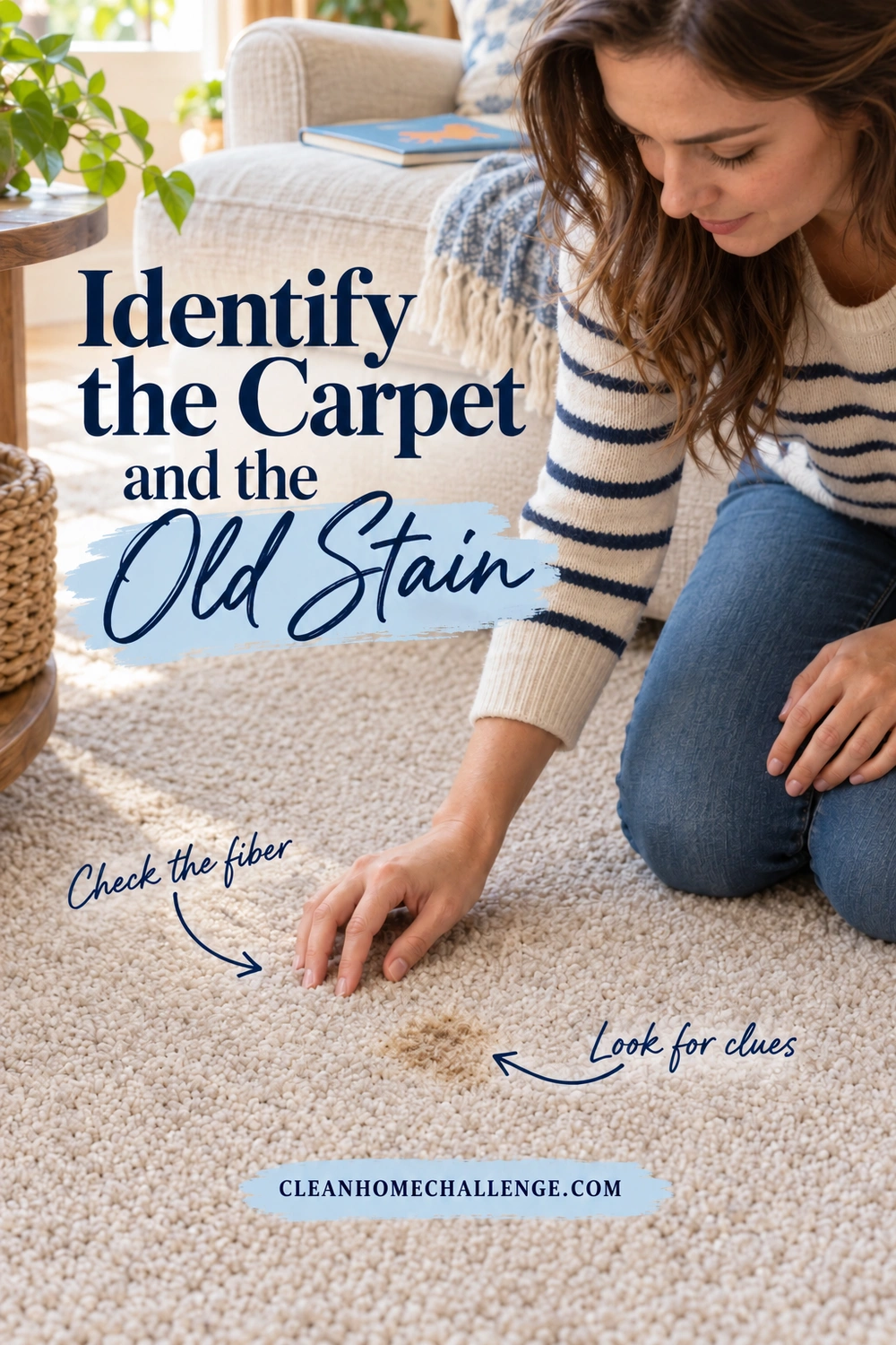 A woman kneels on beige carpet beside a sofa, gently touching the pile next to a small brown mark. Arrows identify the carpet fiber and stain clues.