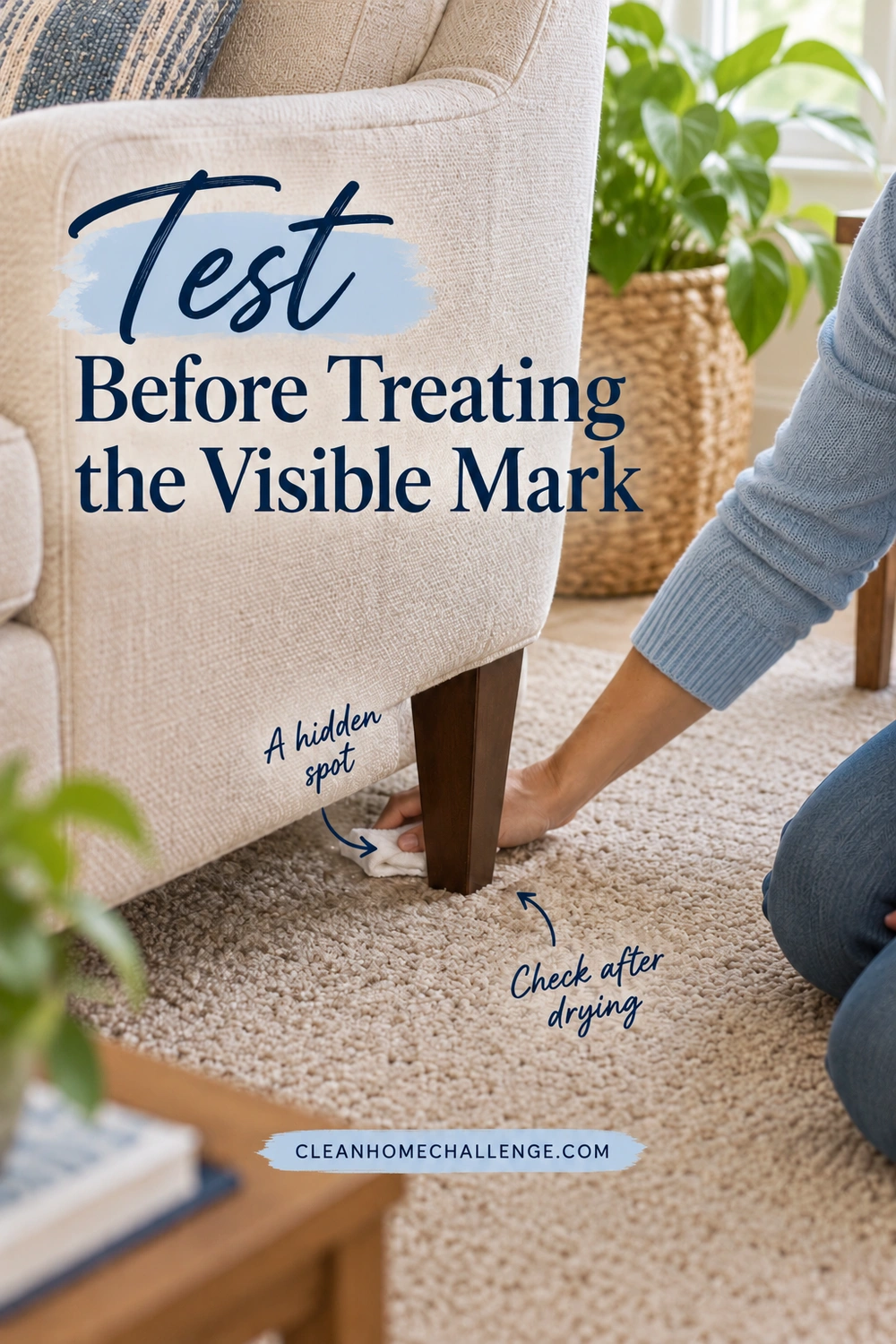 A person in a blue sweater presses a small white cloth onto beige carpet behind an upholstered chair leg, demonstrating a hidden-area test.
