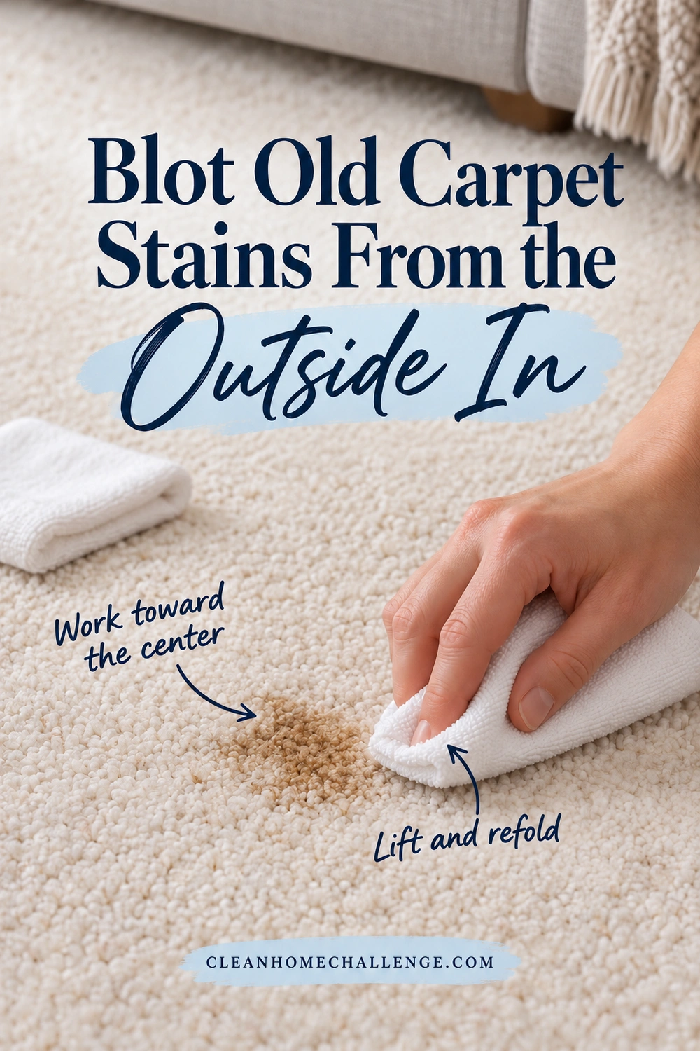 A close-up shows a hand pressing a folded white cloth at the outer edge of a brown carpet spot, with arrows for working inward and refolding the cloth.
