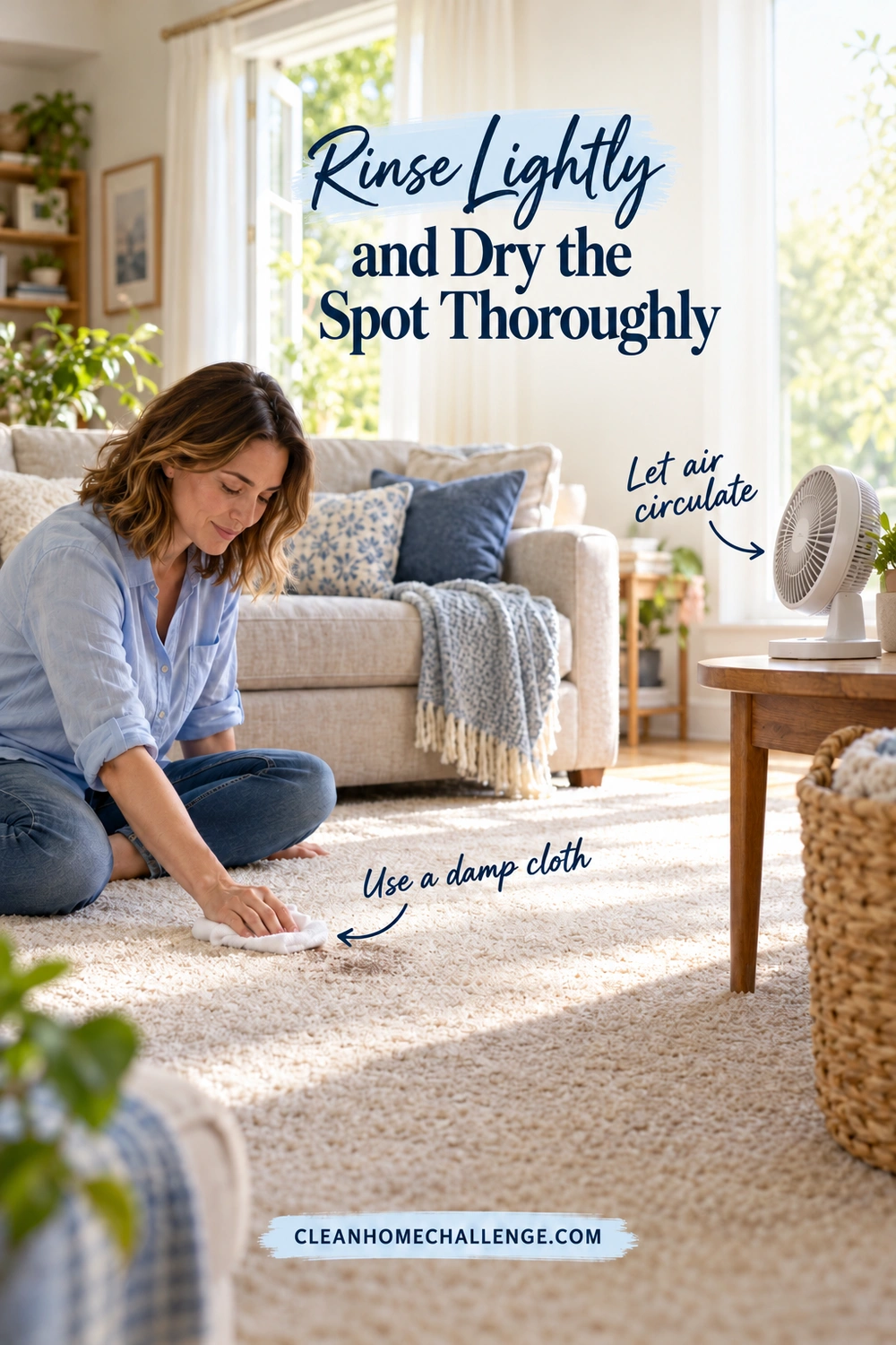 A woman sits beside a sofa and presses a white cloth onto a carpet spot while a small fan on a wooden side table faces the carpet.
