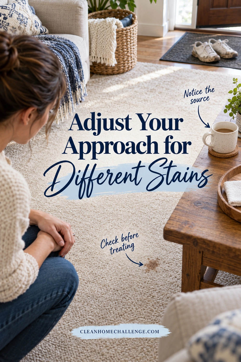 A woman studies a small brown carpet mark beside a wooden coffee table holding a mug; muddy shoes rest on an entry mat in the background.