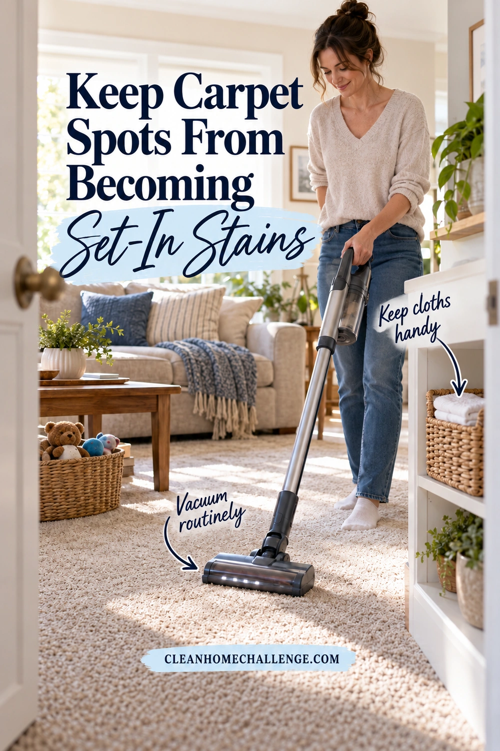 A woman vacuums a living-room carpet with a cordless vacuum. A basket of white cloths sits on a nearby shelf, with toys stored beside the sofa.