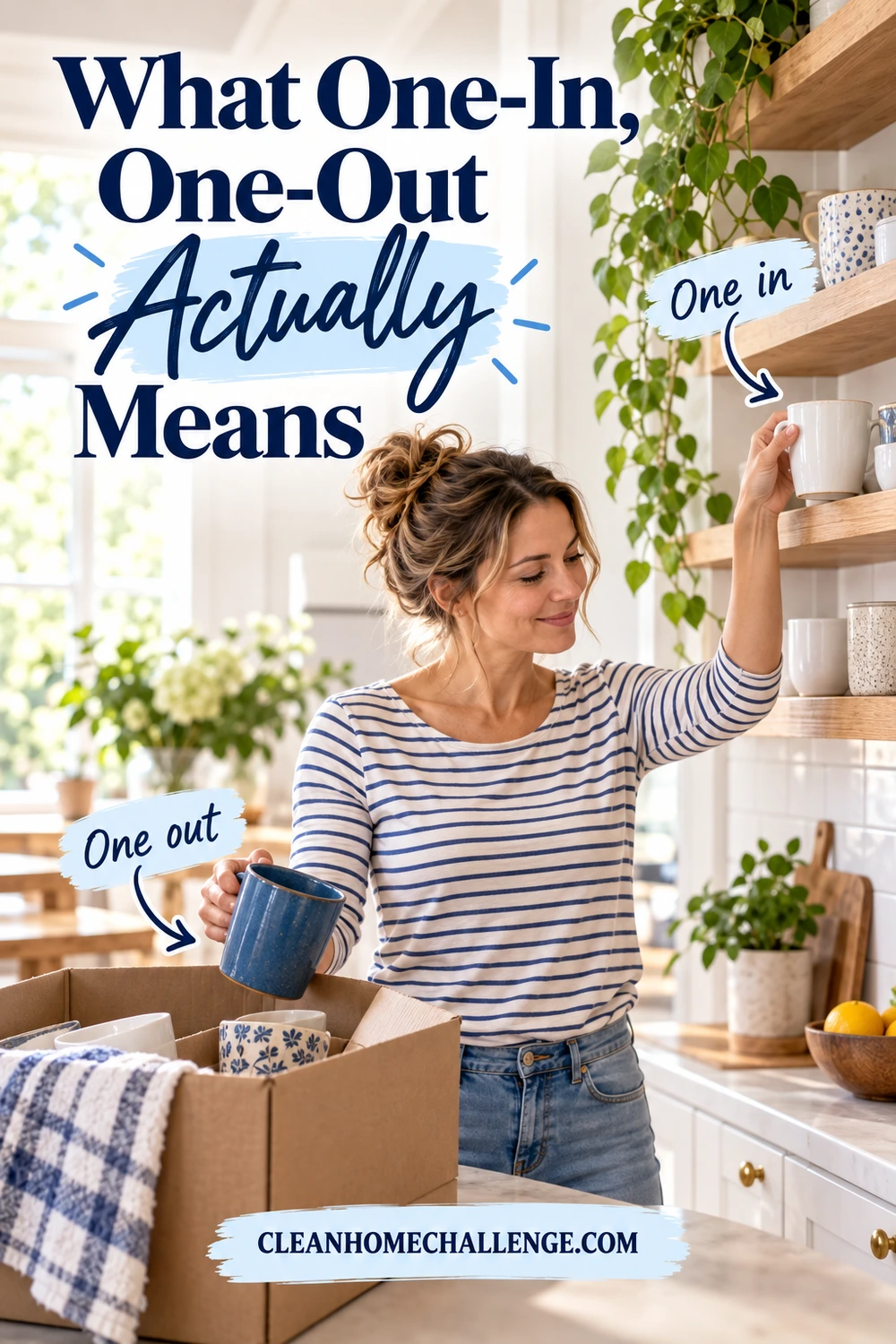 Woman places a white mug on a kitchen shelf while lowering a blue mug toward a donation box.