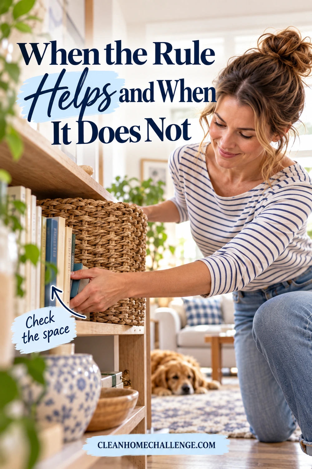 Woman checks books beside a large basket on a crowded shelf, illustrating the space a replacement needs.