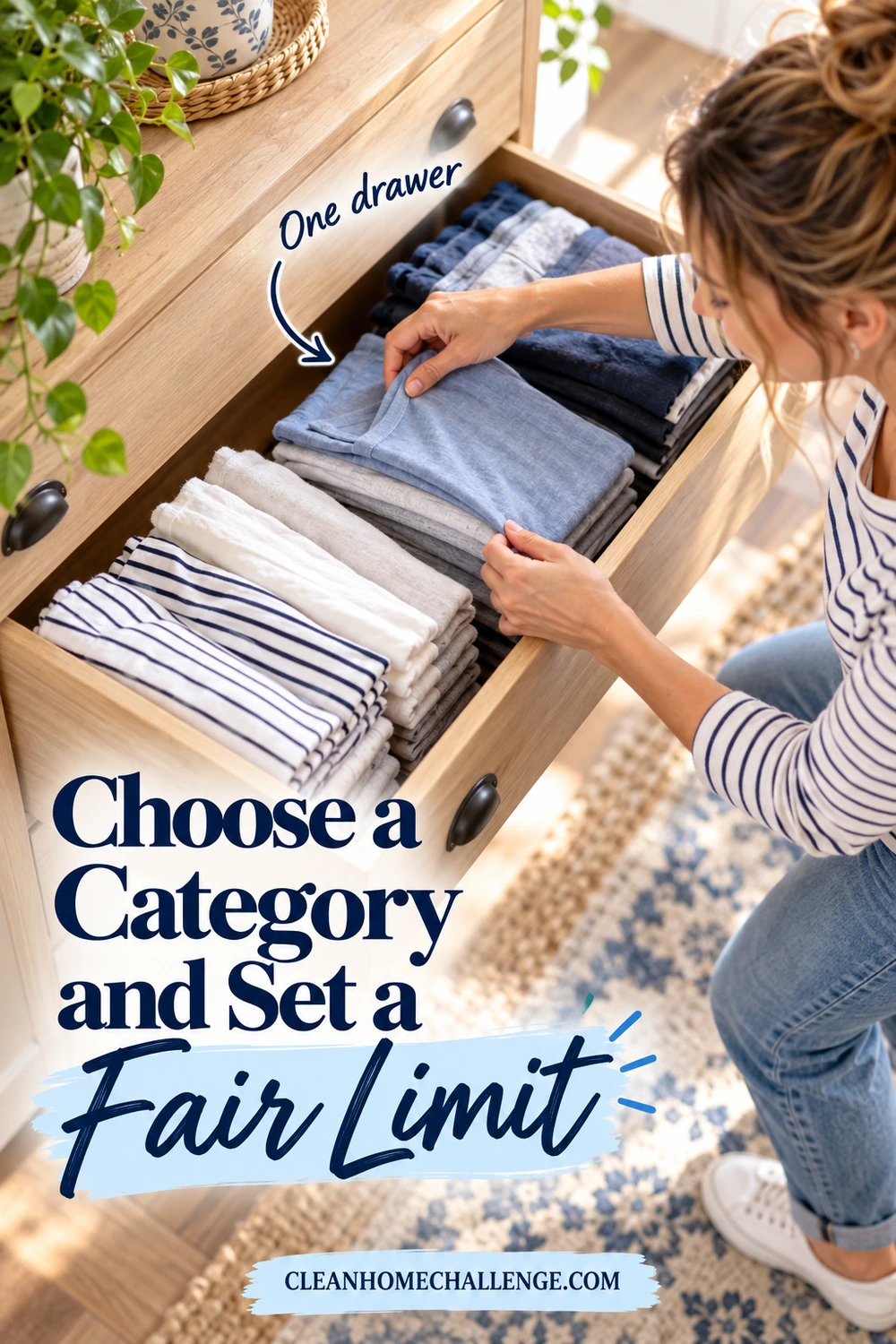 Overhead view of a woman arranging folded shirts inside one comfortably filled dresser drawer.