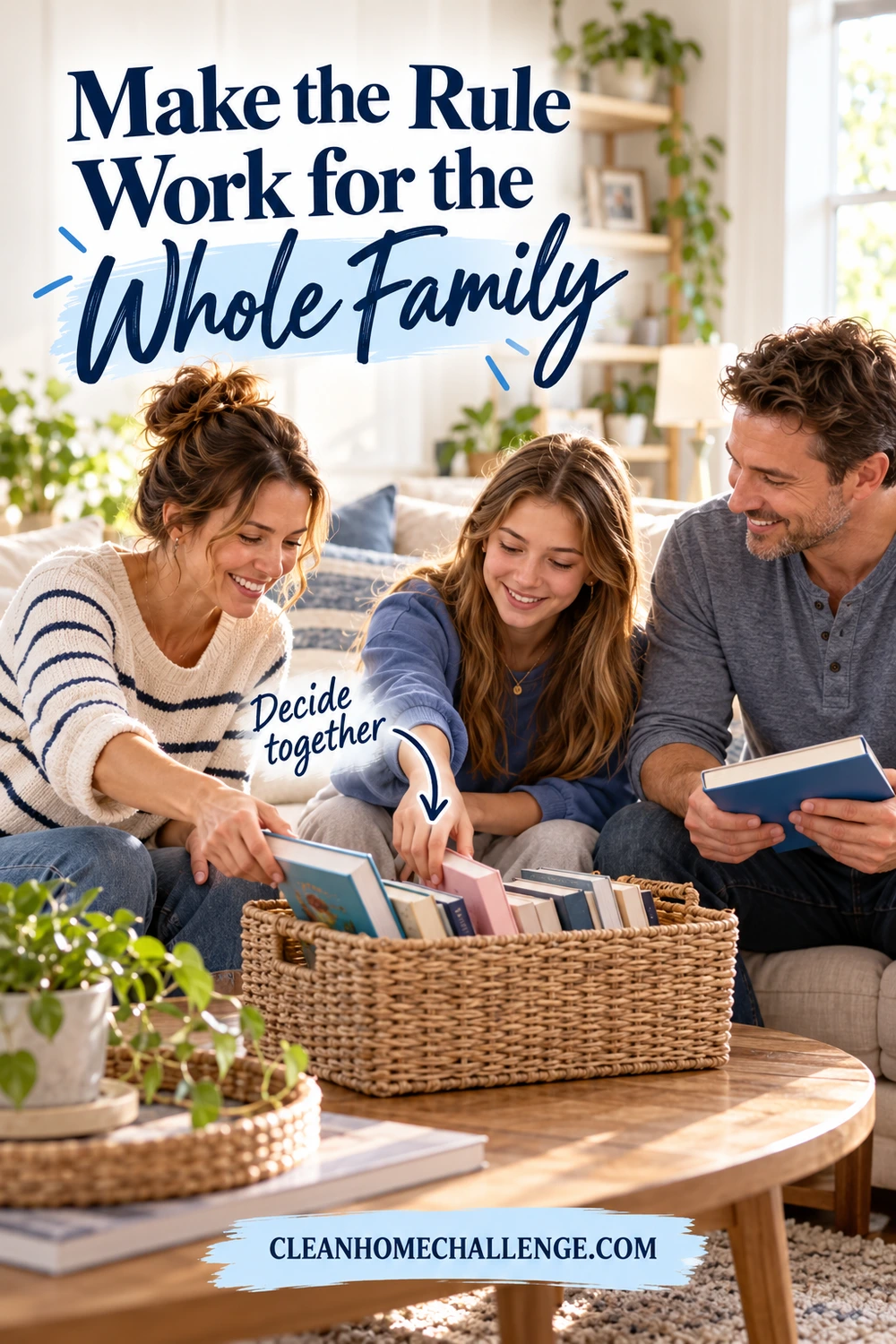 Parents and a teenager choose books together from a basket in a bright family living room.