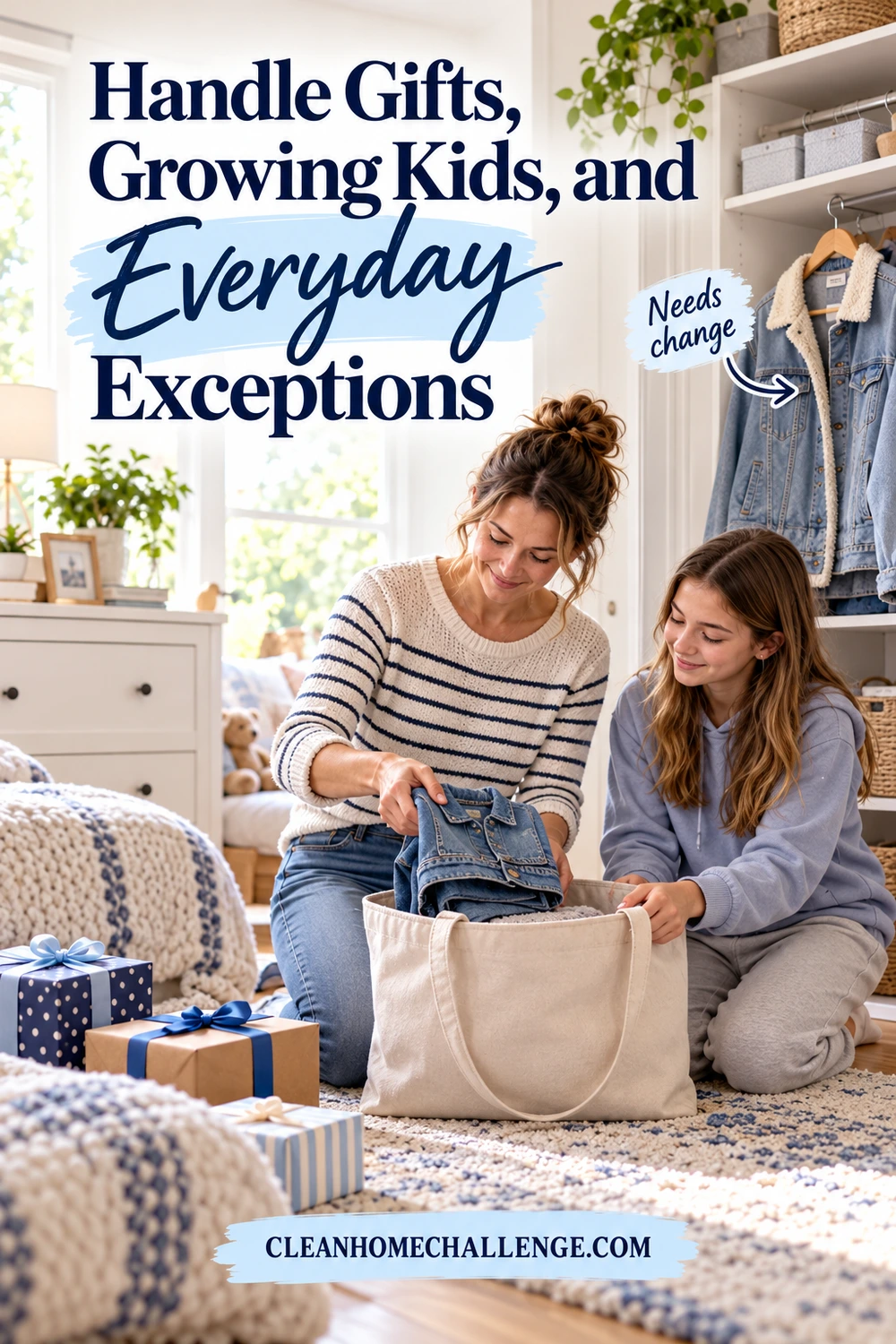 Mother and daughter place an outgrown denim jacket in a tote while a larger jacket hangs in the closet.