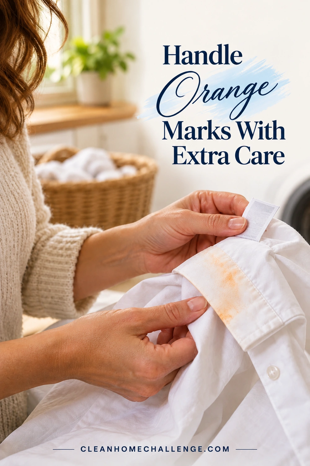 A woman checks the care tag beside orange discoloration on a white shirt cuff.