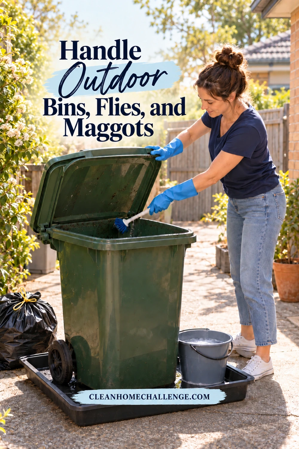 Woman brushes the inside of a green outdoor bin standing with a wash bucket in a large containment tray.