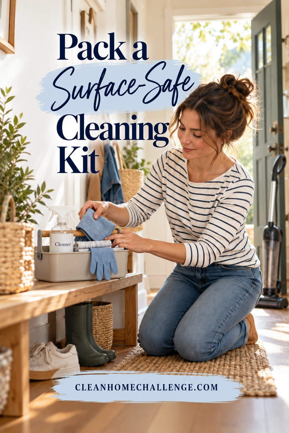 A woman kneels beside an entryway bench, packing folded cloths into a cleaning caddy with gloves and a labeled cleaner; a vacuum stands behind her.