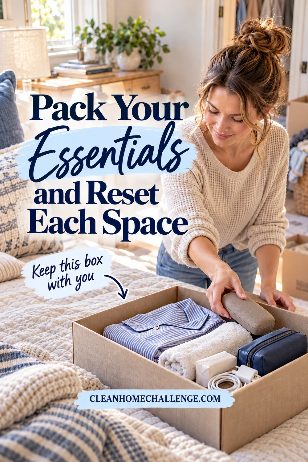 Woman placing a glasses case into an open box on a bed beside folded pajamas, a towel, a wrapped soap bar, a charger, and a toiletry pouch.