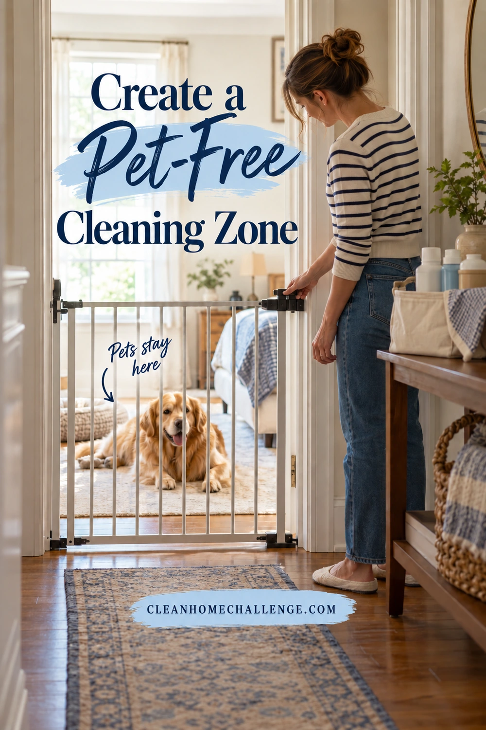 Woman checking a doorway gate latch while a golden dog rests beyond it and capped cleaning bottles sit in a canvas caddy nearby.