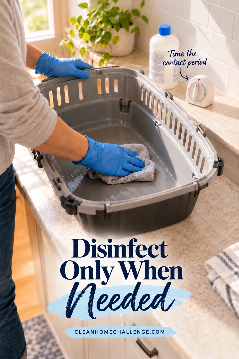 Blue-gloved hands wiping the empty base of a gray pet carrier, with a capped cleaner bottle and kitchen timer on the counter.