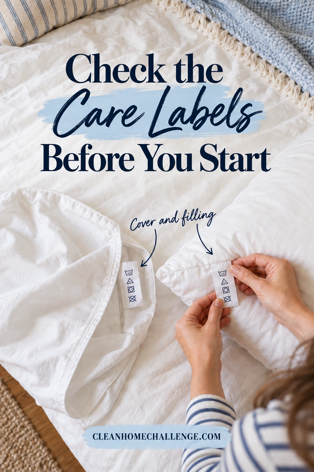 A woman's hands compare care tags on a white removable cover and a separate pillow on a bed.