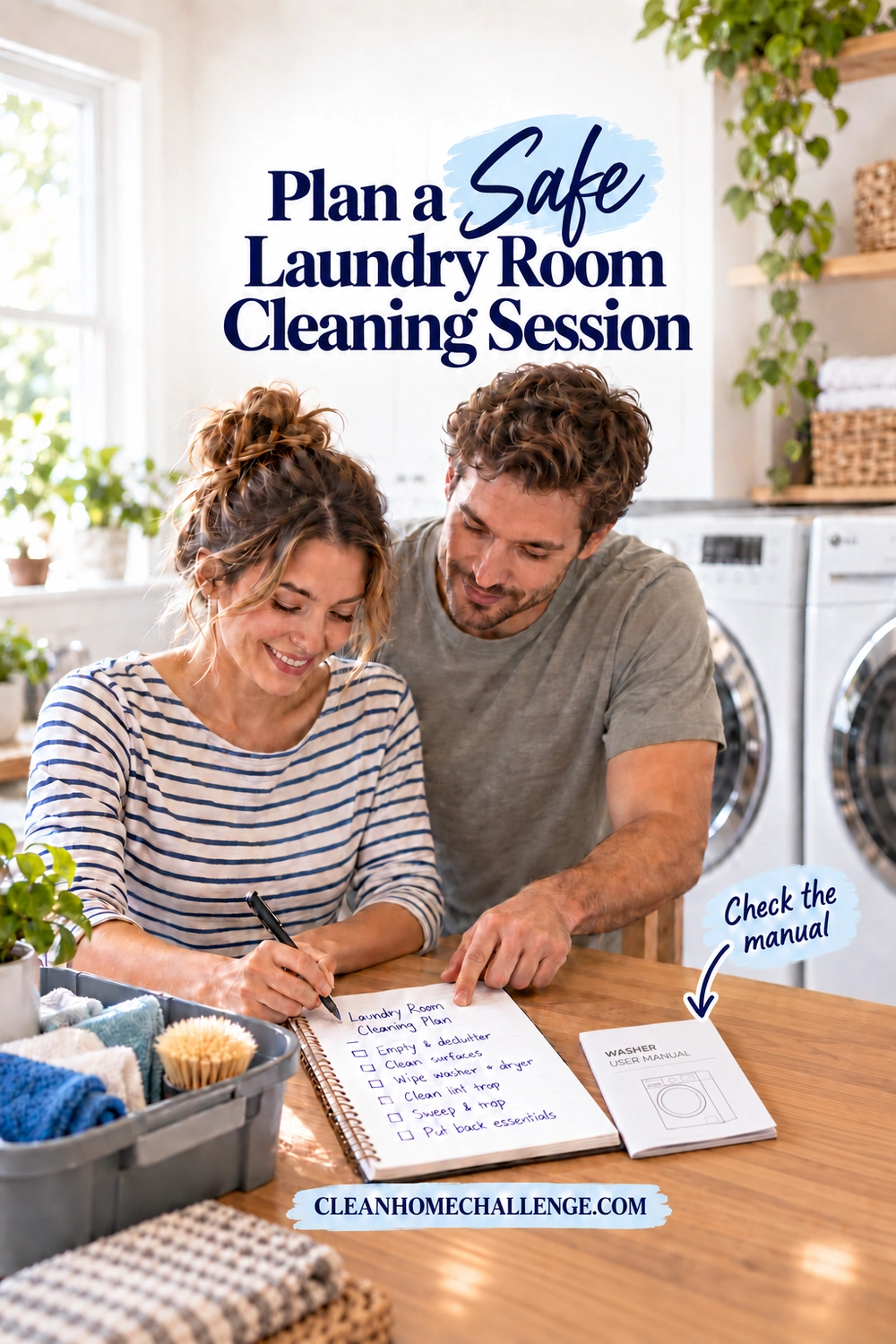 A couple plans laundry room cleaning in a notebook beside a washer manual and a small caddy of cloths.