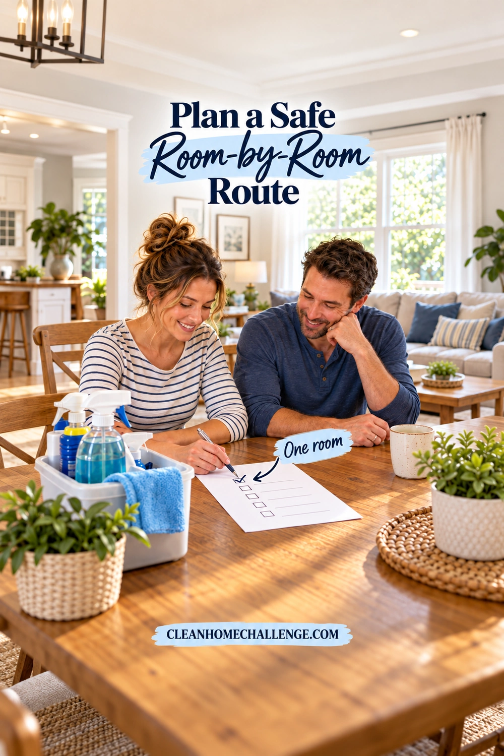 A couple sits at a wooden table beside a cleaning caddy while the woman checks the first row on a checklist.