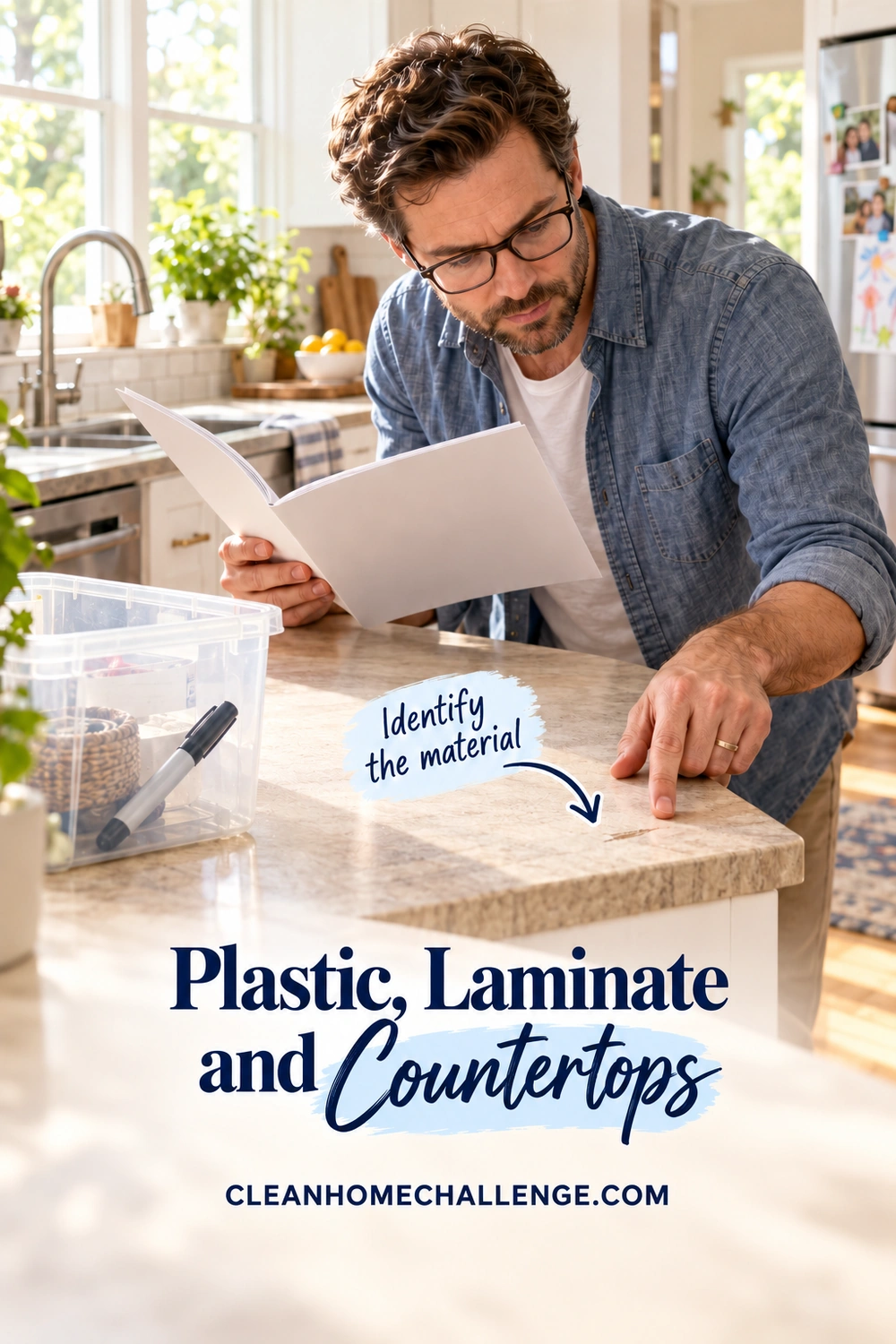 A man reads a booklet at a laminate countertop, with a clear plastic organizer and capped marker nearby.