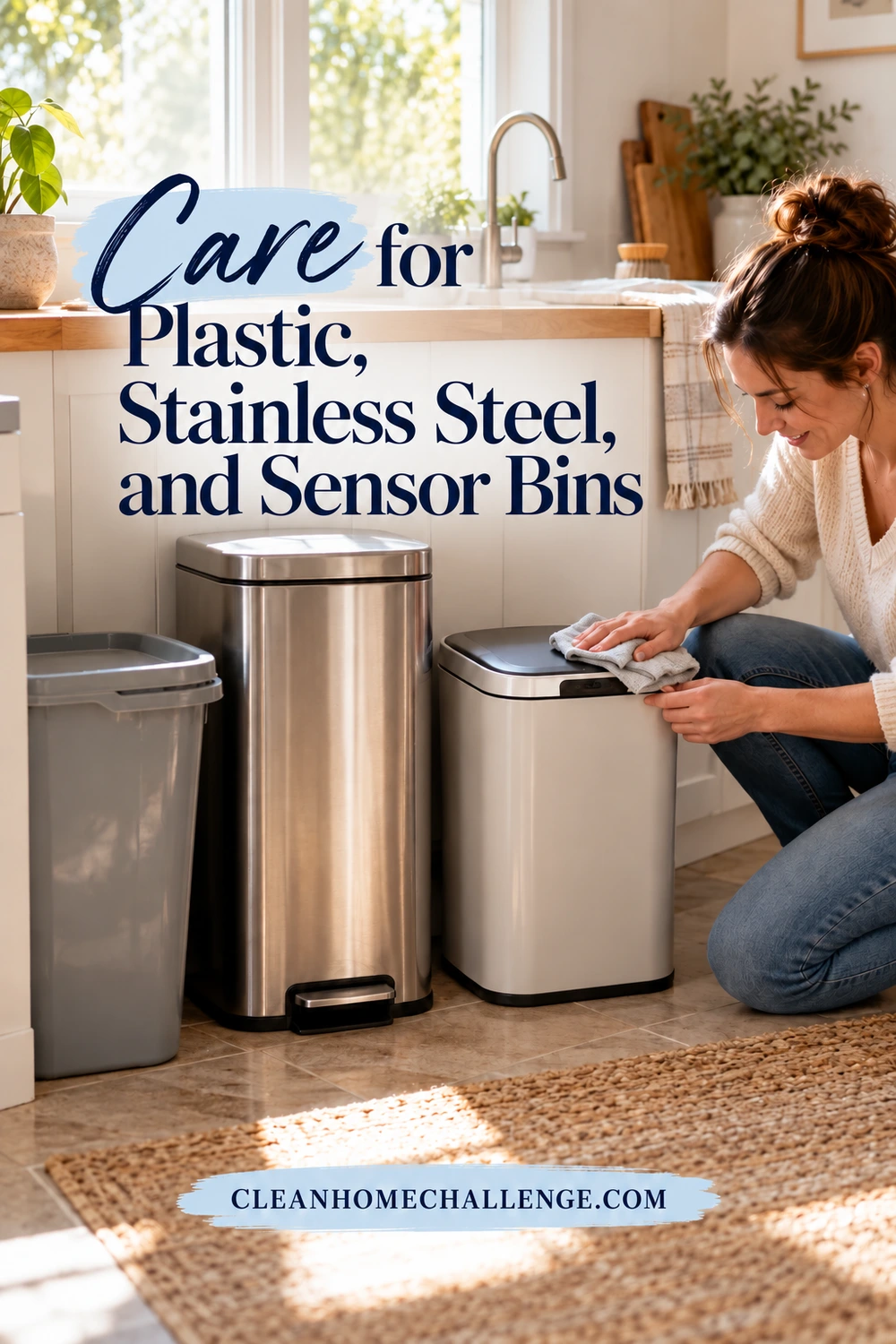 Plastic, stainless steel, and sensor bins stand together while a woman gently wipes a sensor lid with a cloth.