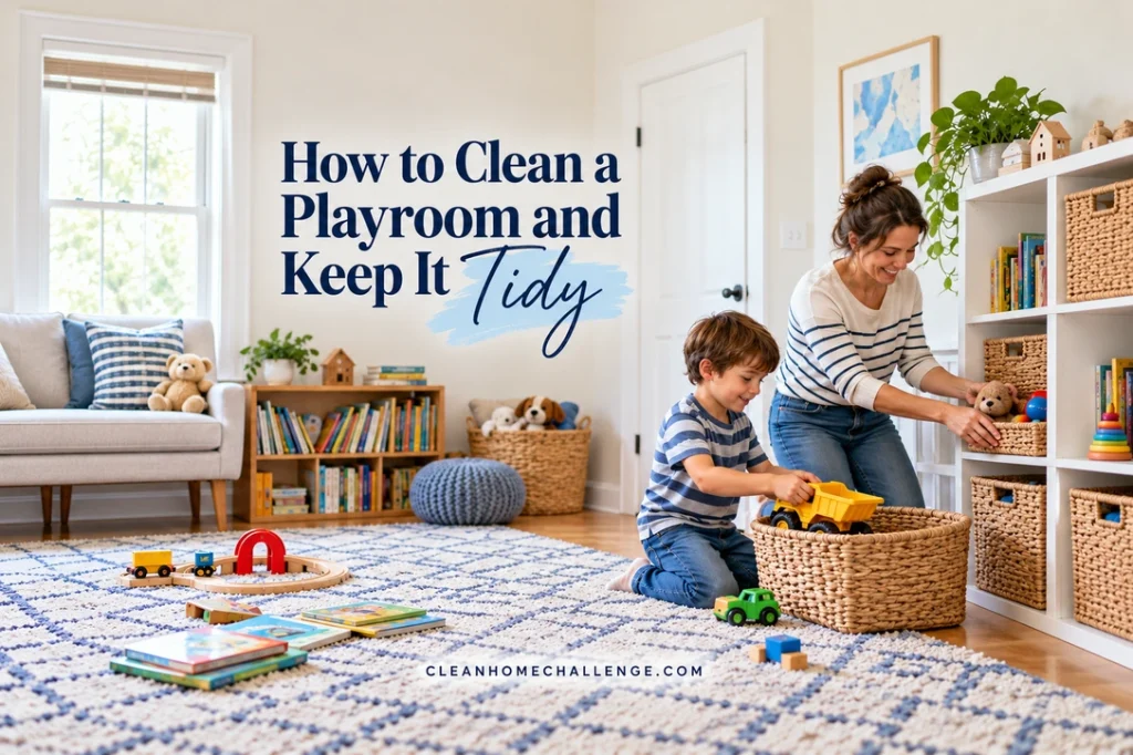 A mother and boy return toys to open baskets in a sunny playroom beneath How to Clean a Playroom and Keep It Tidy.