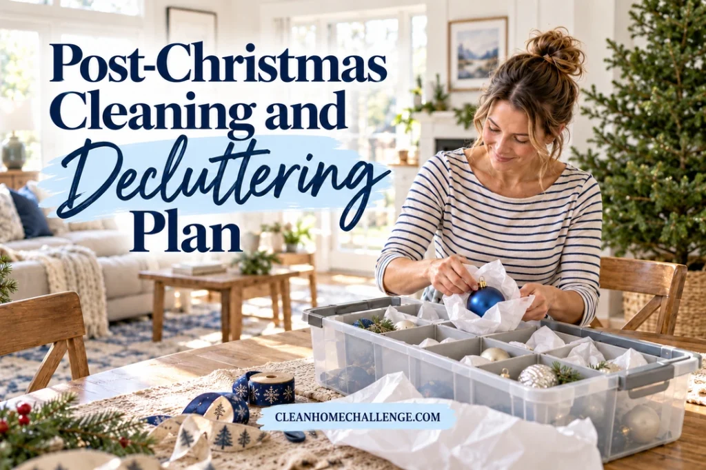 A woman in a striped shirt wraps a blue ornament in tissue over a divided storage box at a wooden table, with a partially undecorated tree behind her.