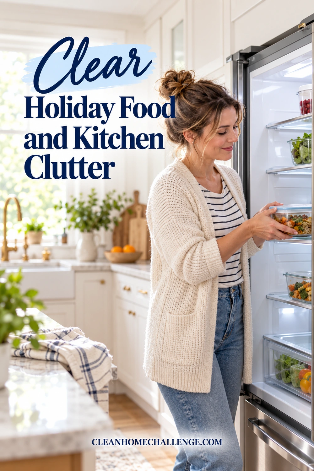 A woman in a striped shirt and cream cardigan places a shallow lidded food container on a shelf in an open refrigerator.