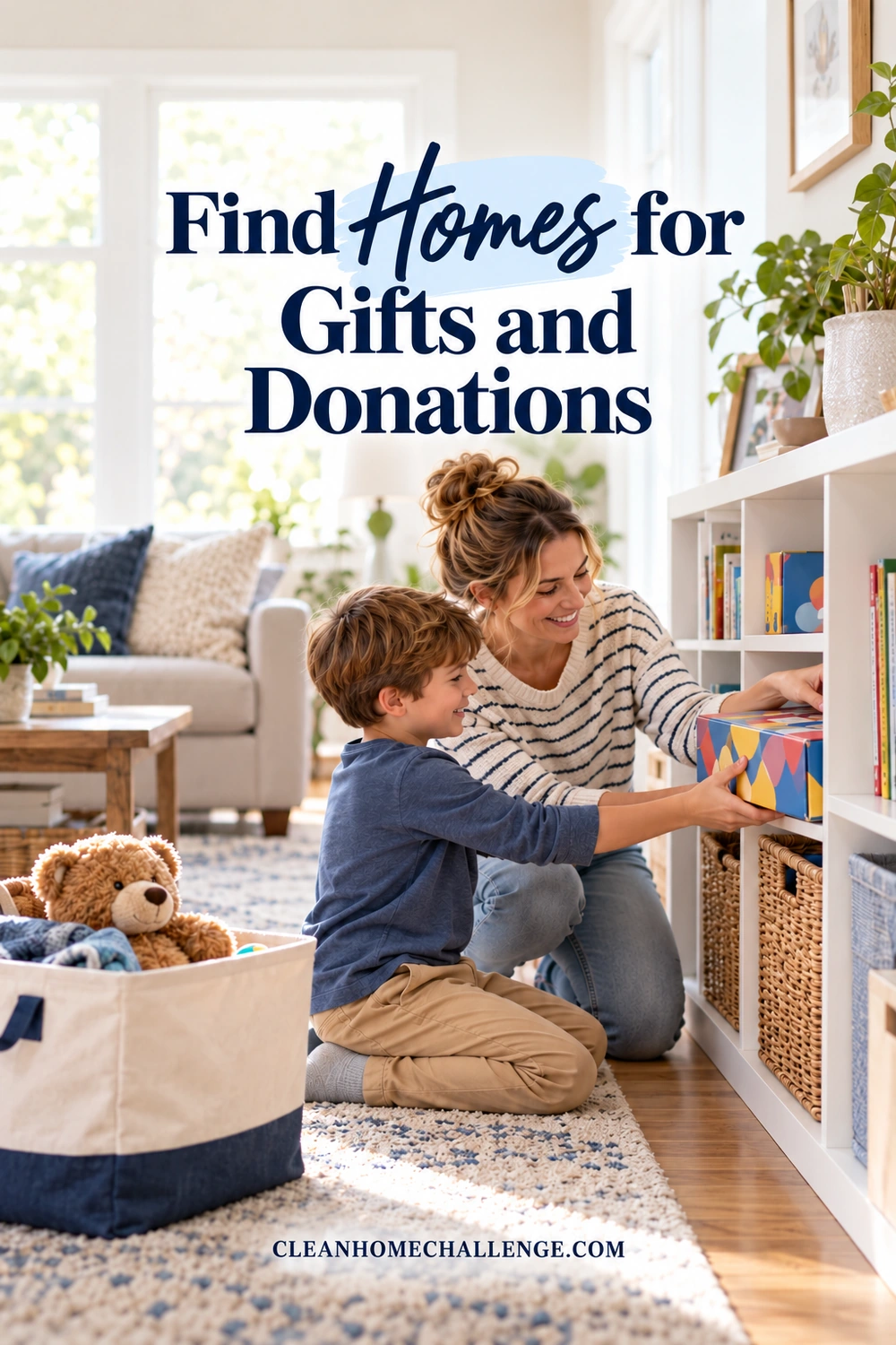 A woman and a school-age boy place a colorful, unlettered game box into a shelf cubby, with a stuffed bear in a donation tote in the foreground.