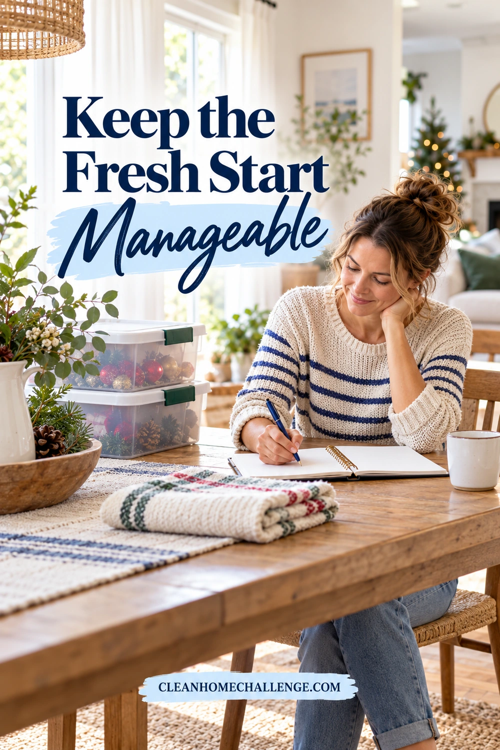 A seated woman writes in a notebook beside closed ornament storage bins and a folded cloth in a bright dining nook.