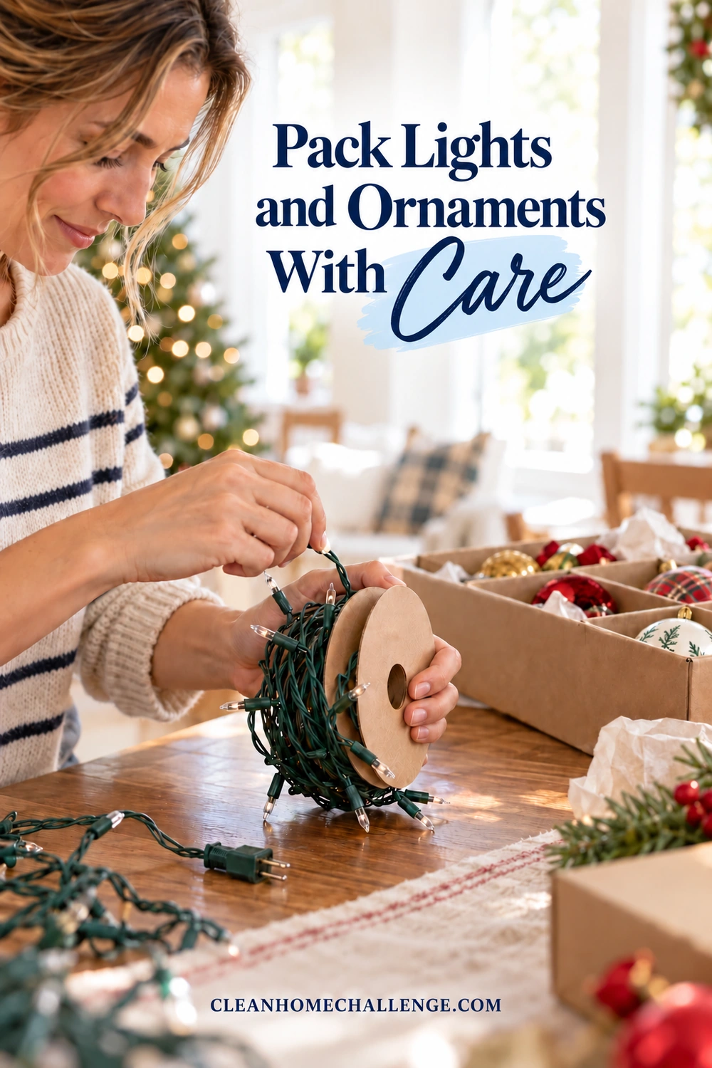 A woman winds unlit, unplugged Christmas lights around a cardboard spool beside a compartmented ornament box.