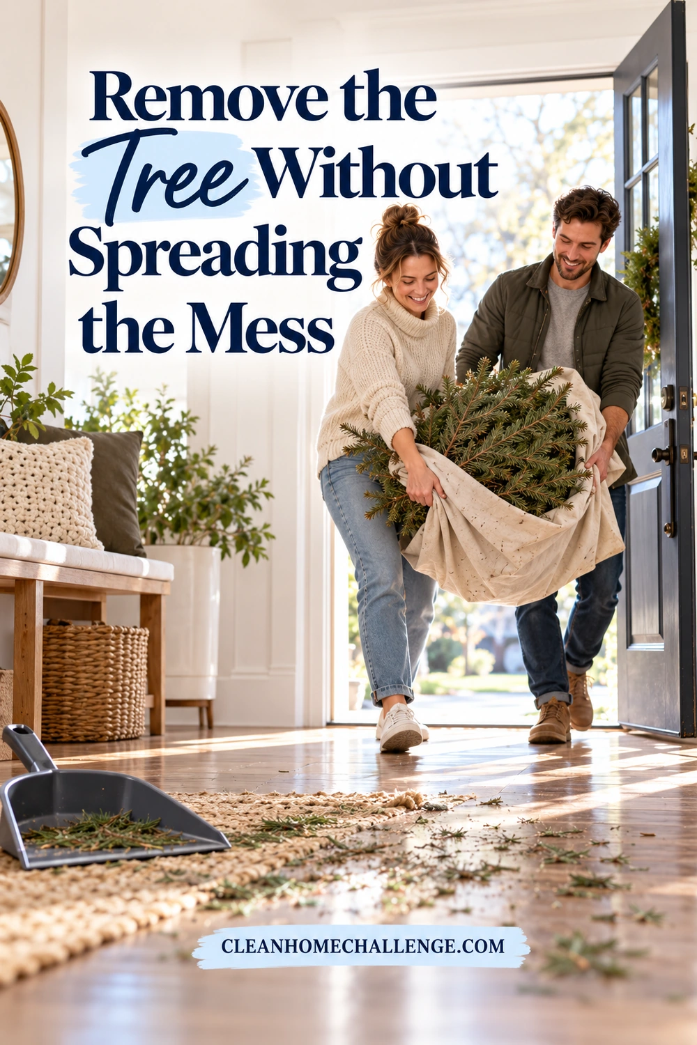 Two adults carry a small bare Christmas tree contained in a canvas sheet out an open front door, with a dustpan and needles in the foreground.