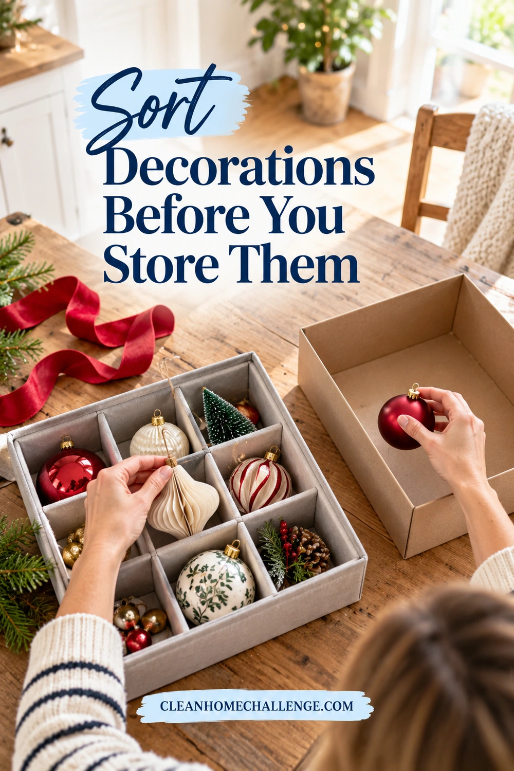 Hands sort round red and white ornaments on a wooden table beside a padded divided tray and an empty cardboard box.