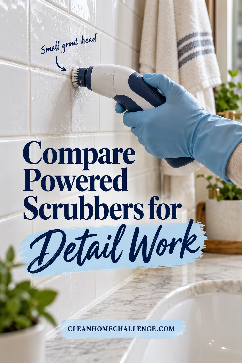 Gloved hand holds a compact powered detail scrubber against a grout line in bathroom tiles above a vanity sink.