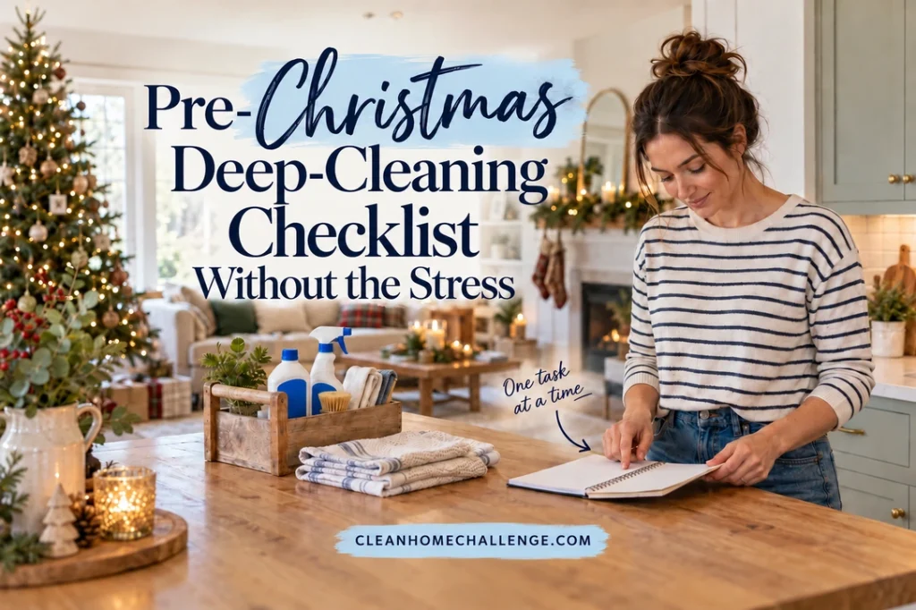A woman in a striped shirt plans at a kitchen island with a notebook, cleaning caddy, and folded cloths in a warmly decorated Christmas home. The exact article title is integrated in navy lettering.