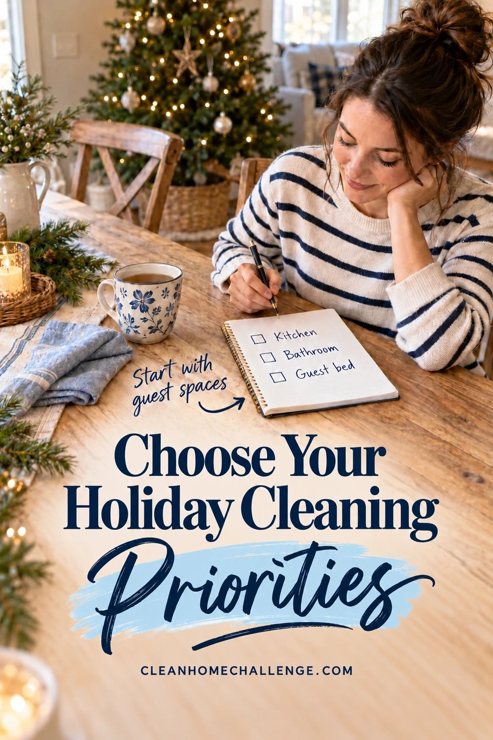 A woman in a striped shirt plans at an oak table beside a notebook listing Kitchen, Bathroom, and Guest bed. The heading reads Choose Your Holiday Cleaning Priorities.