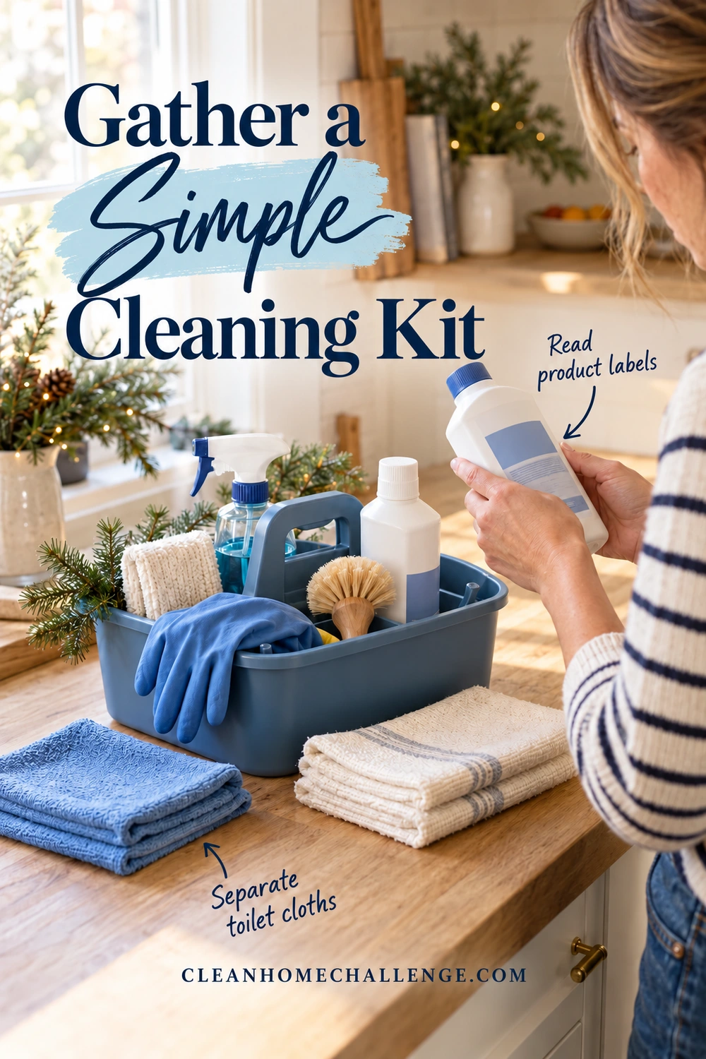 A woman reads a cleaner bottle beside a blue caddy, brush, gloves, and separate folded cloths. Navy lettering reads Gather a Simple Cleaning Kit, with label-reading and toilet-cloth callouts.