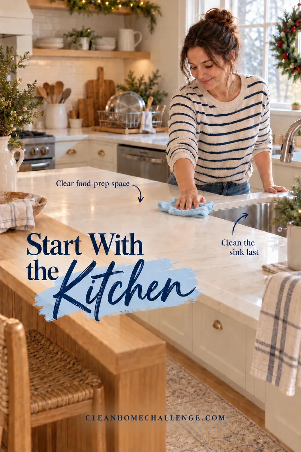 A woman wipes a clear kitchen counter with a blue cloth beside a stainless sink. Start With the Kitchen is written in navy serif and flowing script, with arrows to the work surface and sink.