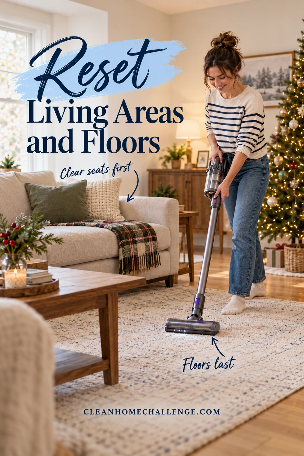 A woman vacuums a rug beside a clear sofa and Christmas tree. Reset Living Areas and Floors appears in navy type, with arrows labeling Clear seats first and Floors last.