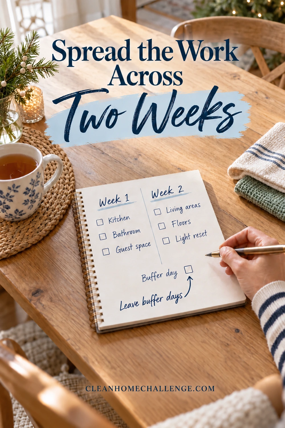 A hand holds a pen over a two-column notebook listing Week 1 and Week 2 tasks, with a Buffer day checkbox. Large lettering reads Spread the Work Across Two Weeks.