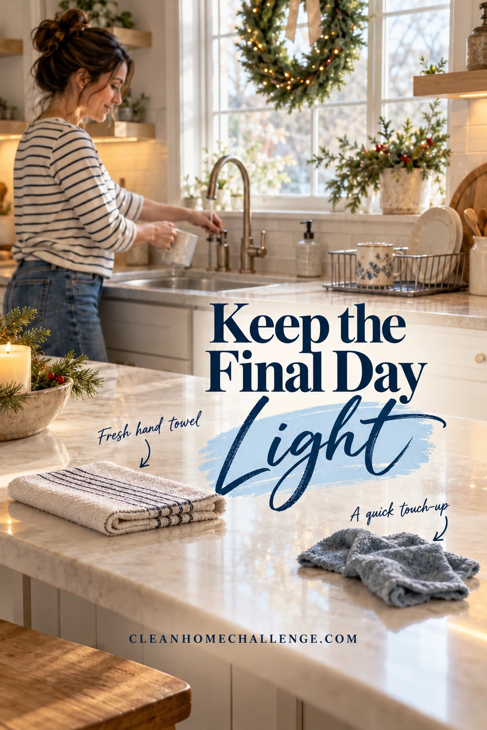 A woman rinses a mug in a Christmas-decorated kitchen. A folded towel and wiping cloth sit on the counter beneath Keep the Final Day Light, with arrows identifying both small reset tasks.
