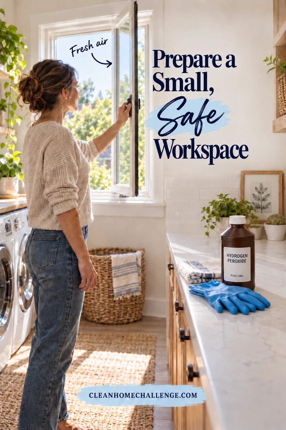 A woman opens a laundry-room window beside a cleared counter holding a capped brown peroxide bottle, folded towel, and blue gloves. A Fresh air arrow points to the open window and Safe appears in navy brush script.