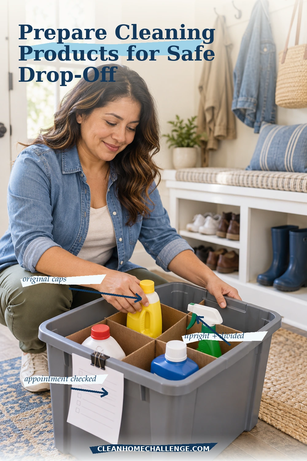 Woman packing capped cleaning products upright in a divided rigid tote