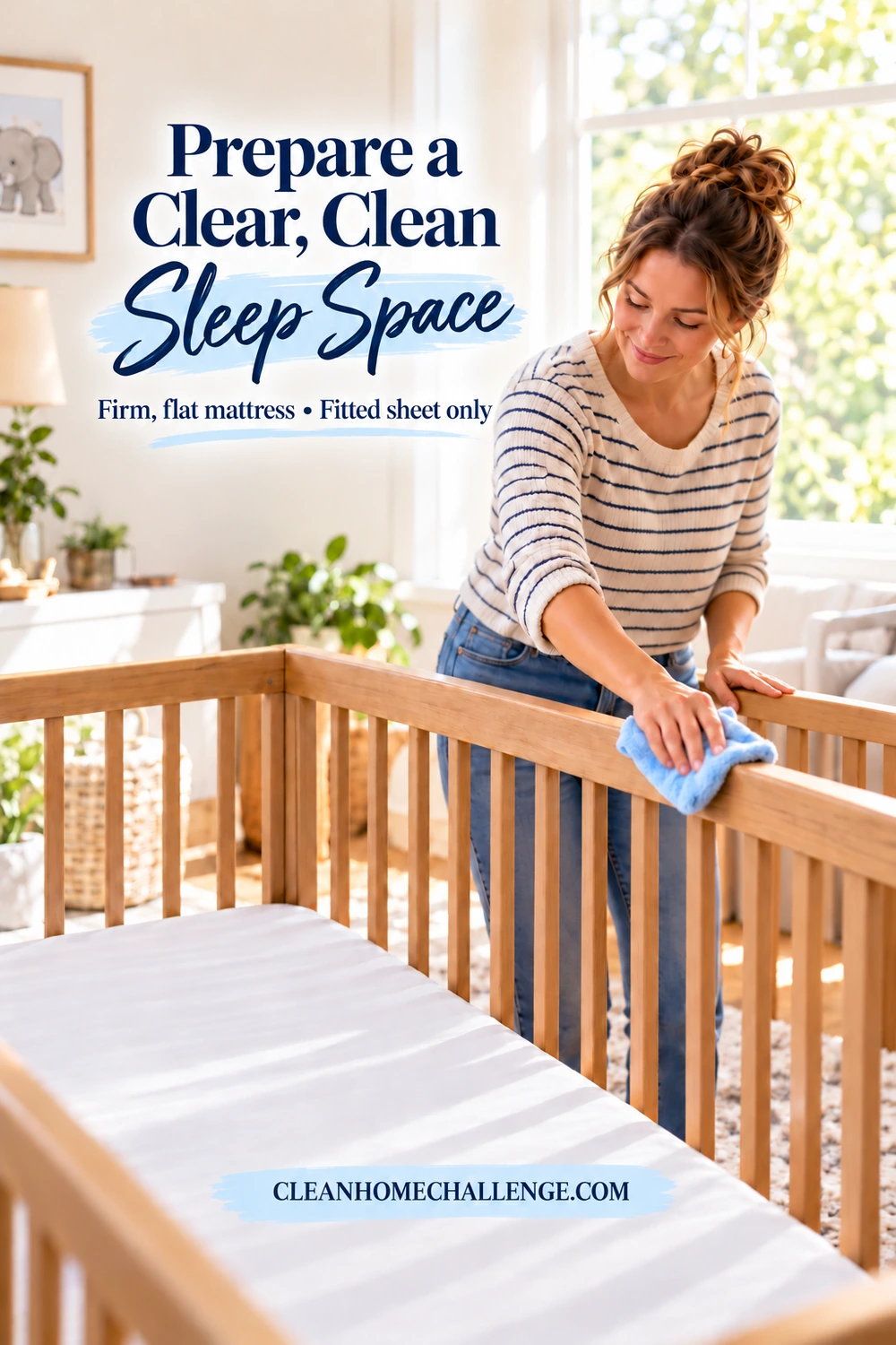 A woman wipes the outer wooden rail of an empty crib with a blue cloth; the crib contains only a fitted white sheet.