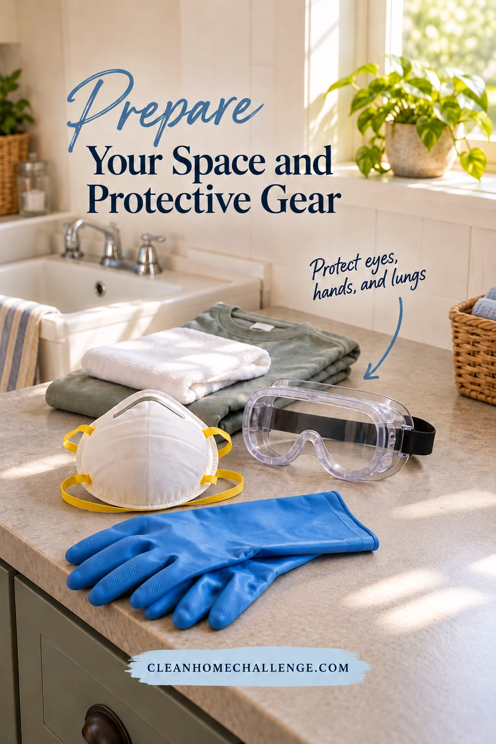 A white cup-style head-strap respirator, enclosed goggles and long blue rubber gloves are arranged on a laundry counter in front of a folded long-sleeve shirt and white cloth, with a utility sink behind.