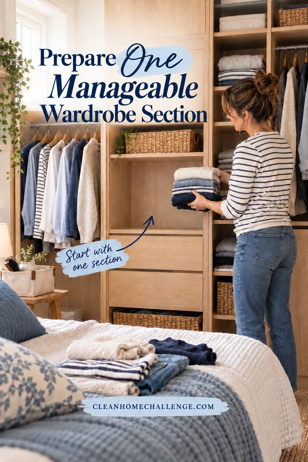 A woman removes a small stack of folded clothes from one wardrobe compartment while the adjacent shelves and hanging rail remain filled.
