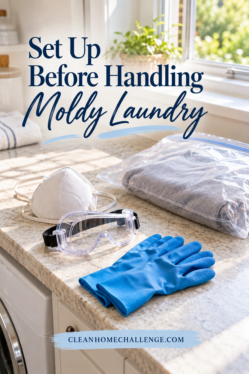 Blue protective gloves, enclosed safety goggles and a white cup respirator with head straps sit on a laundry counter beside a gray garment contained in a clear bag.