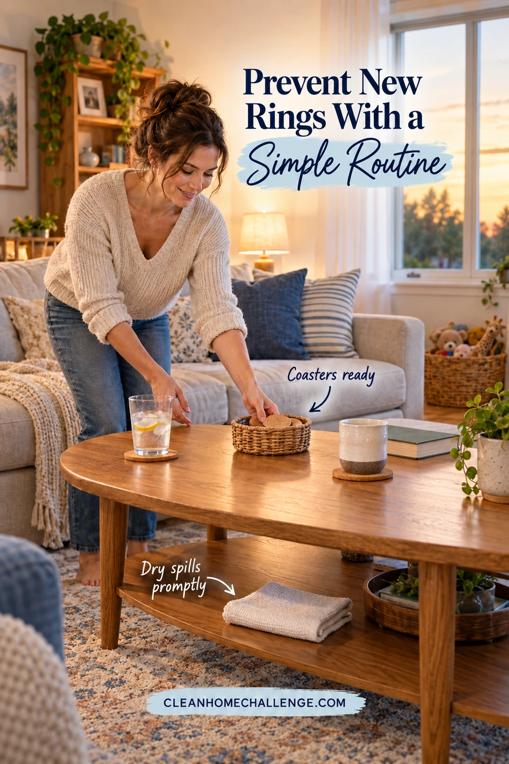 A woman sets out a small basket of coasters on a family coffee table; a folded cloth sits on the lower shelf.