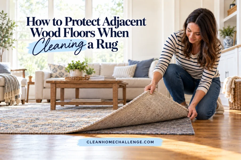 A woman lifts a dry patterned rug to expose a separate felt pad above an oak floor.