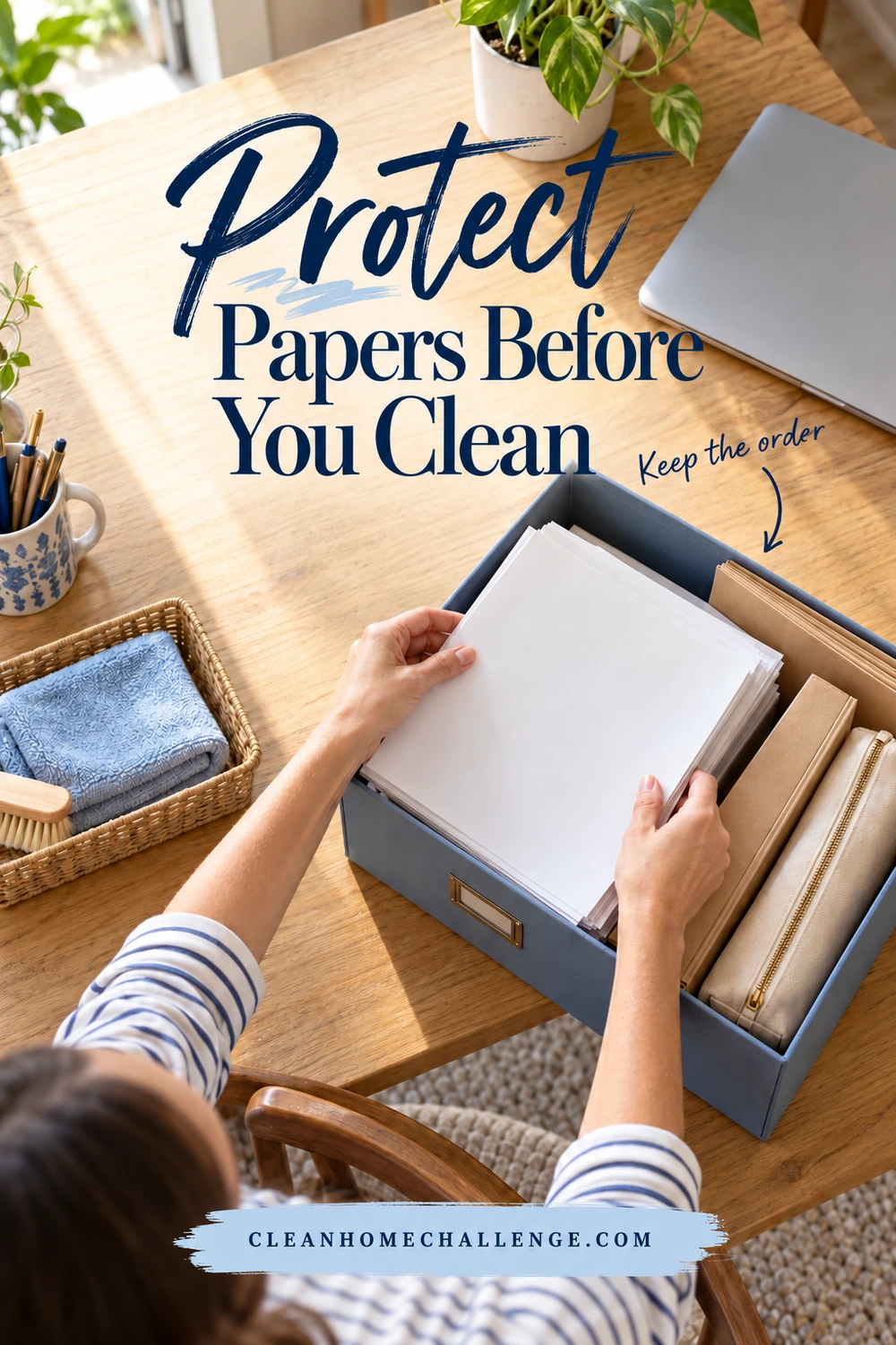 Overhead view of striped-shirt sleeves and hands placing a blank paper stack in a blue-gray document box beside folders, a closed laptop, and a basket of cloths.