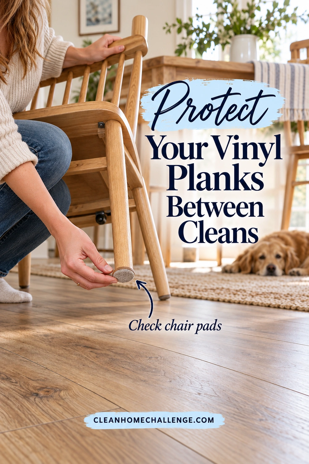 Hands checking a round felt protector on the foot of a tilted wooden dining chair above wood-look vinyl flooring.