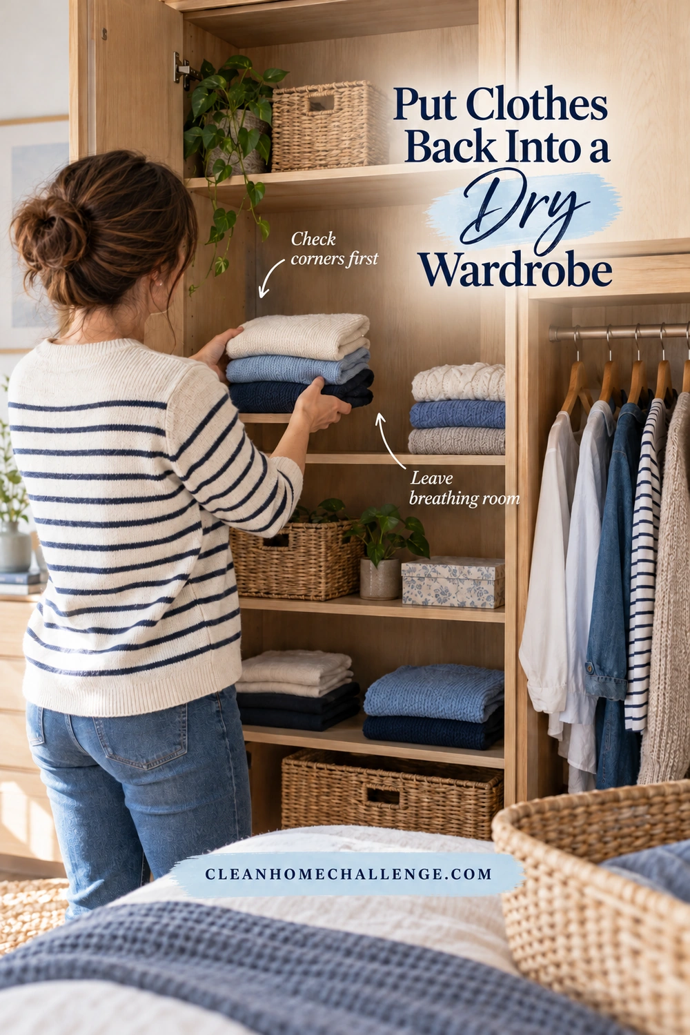 Viewed over her shoulder, a woman places folded knitwear on a dry wardrobe shelf, with arrows indicating a back corner and space between clothing stacks.